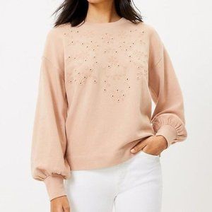 NWT LOFT Eyelet Puff Sleeve Sweatshirt Beige Medium